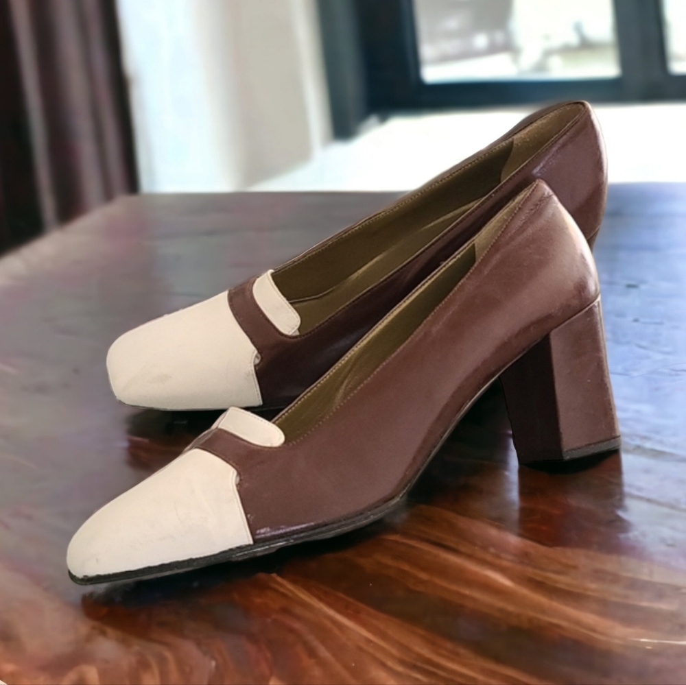 VTG YSL Retro Mod Square Toe Leather Pumps 8 N Heels Brown Yves Saint Laurent - Picture 6 of 16